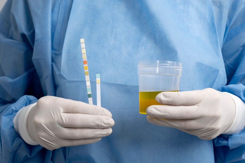 Lab doctor performing medical exam of urine